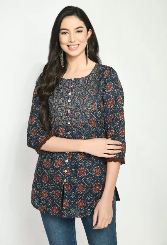 Casual Regular Sleeves Printed Women Blue Top