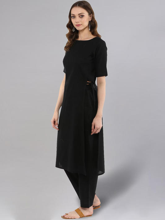 Women Black Solid Kurta with Trousers