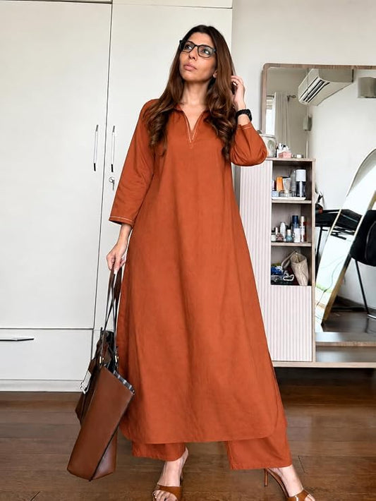 Cotton Blend Rust Shirt Collar Ethnic Wear