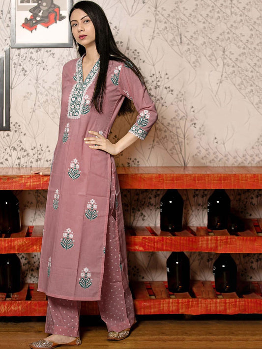 Floral Printed V-Neck Straight Kurta With Palazzos And Dupatta