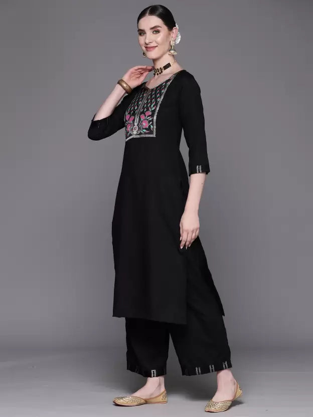 Women Black Pure Cotton Kurta Palazzo Dupatta Set