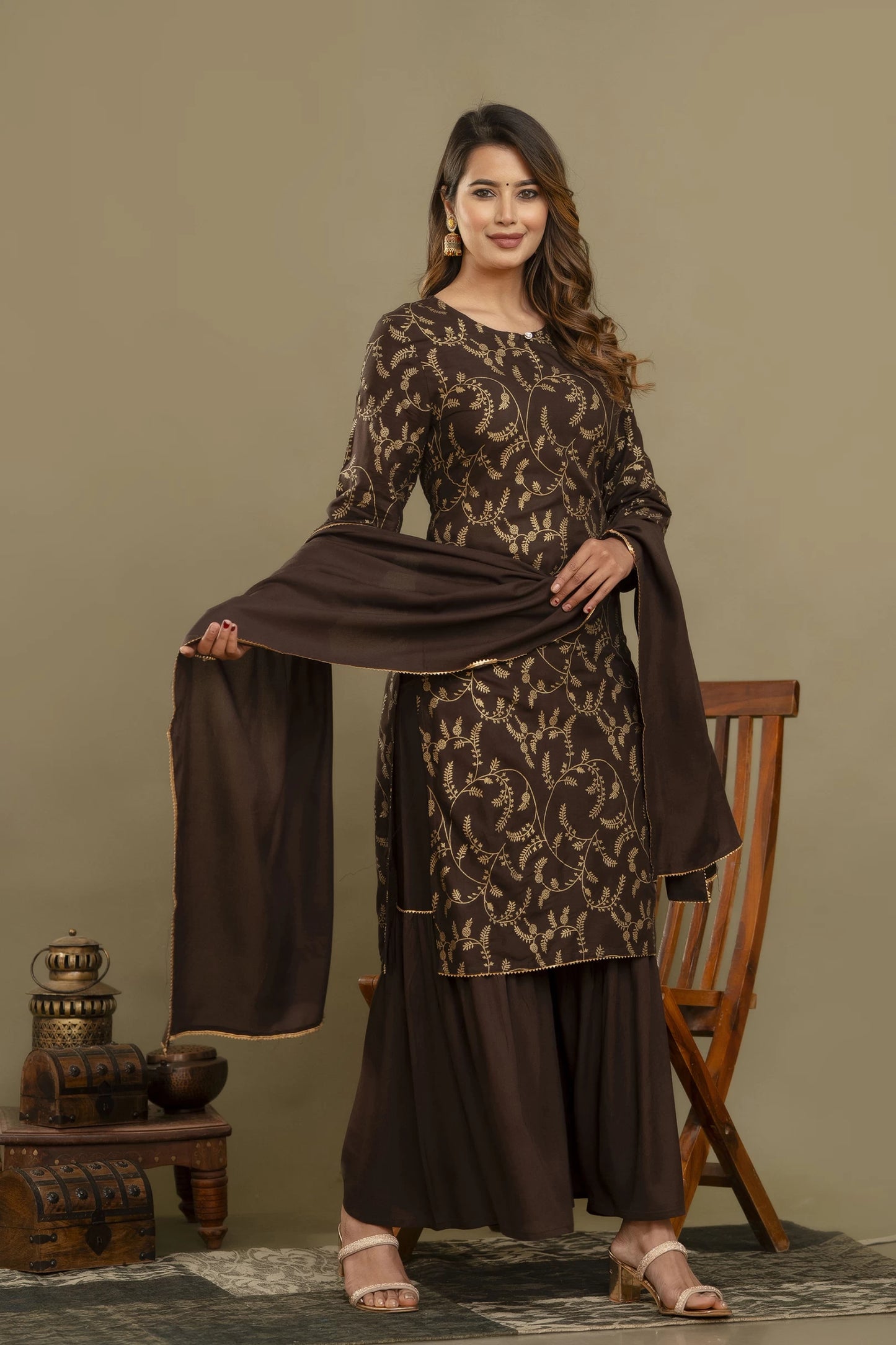 Women Brown Viscose Rayon Kurta Sharara Set