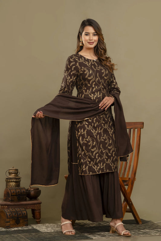 Women Brown Viscose Rayon Kurta Sharara Set