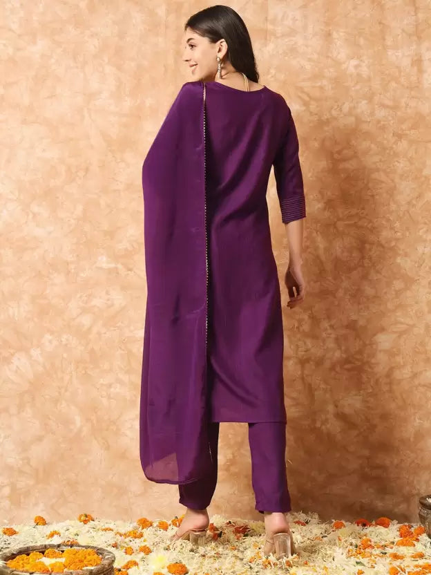 Women Purple Viscose Rayon Kurta Pant Dupatta Set