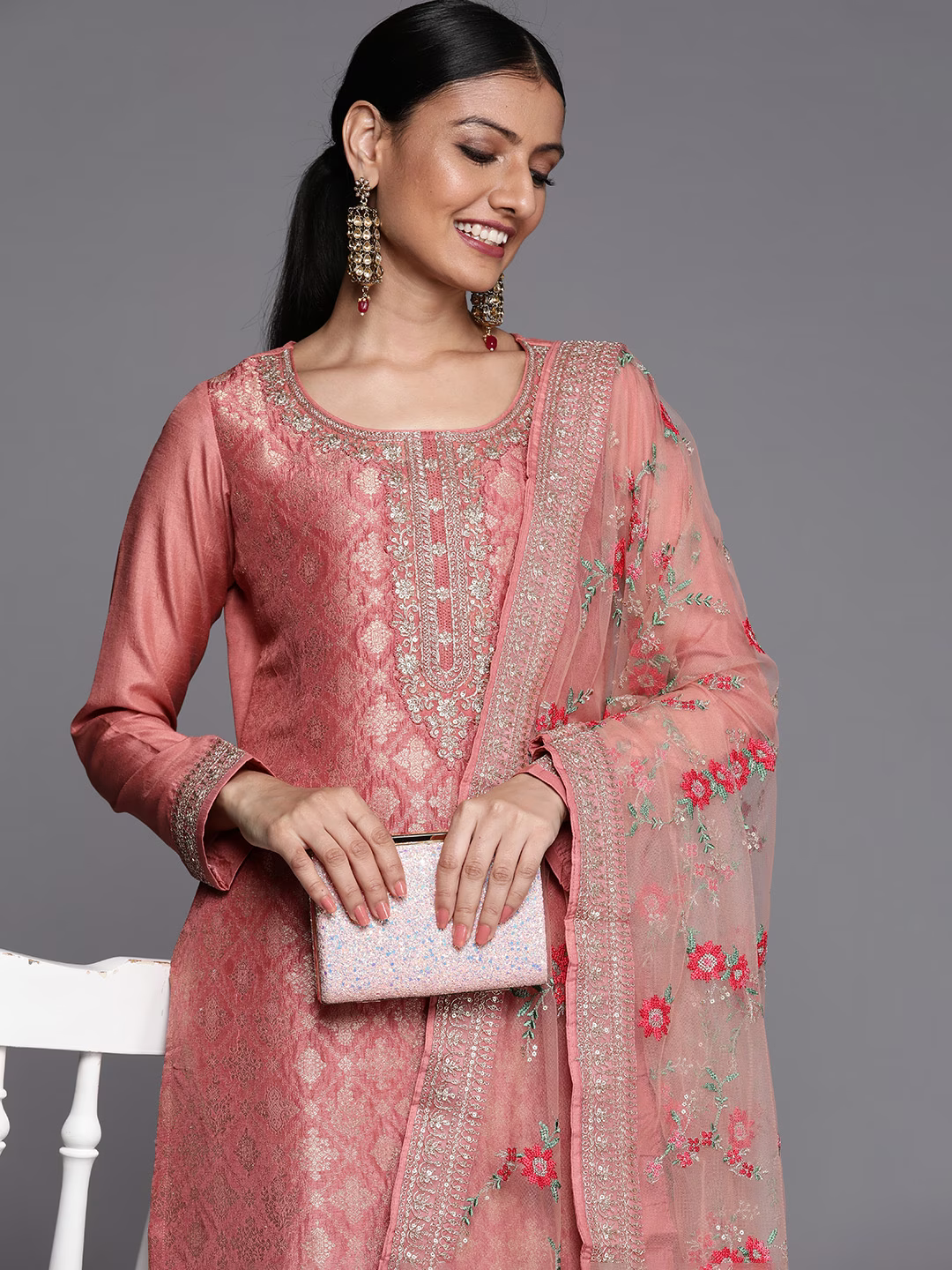 Women Peach-Coloured Floral Kurta with Trousers & Dupatta