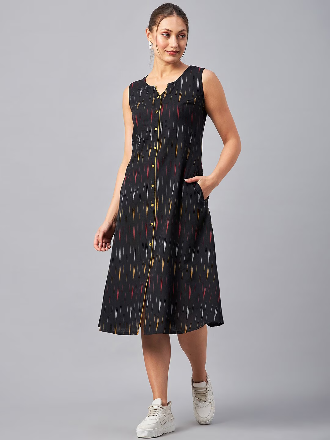Self Design Sleeveless Cotton A-line Dress