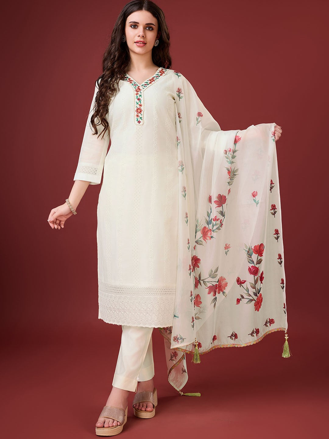 Floral Yoke Design Regular Schiffli Chikankari Kurta With Trousers & Dupatta