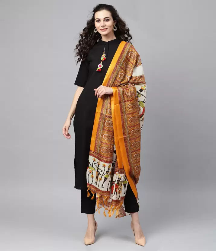 Women Black & Mustard Yellow Solid Kurta with Trousers & Bhagalpuri Print Dupatta