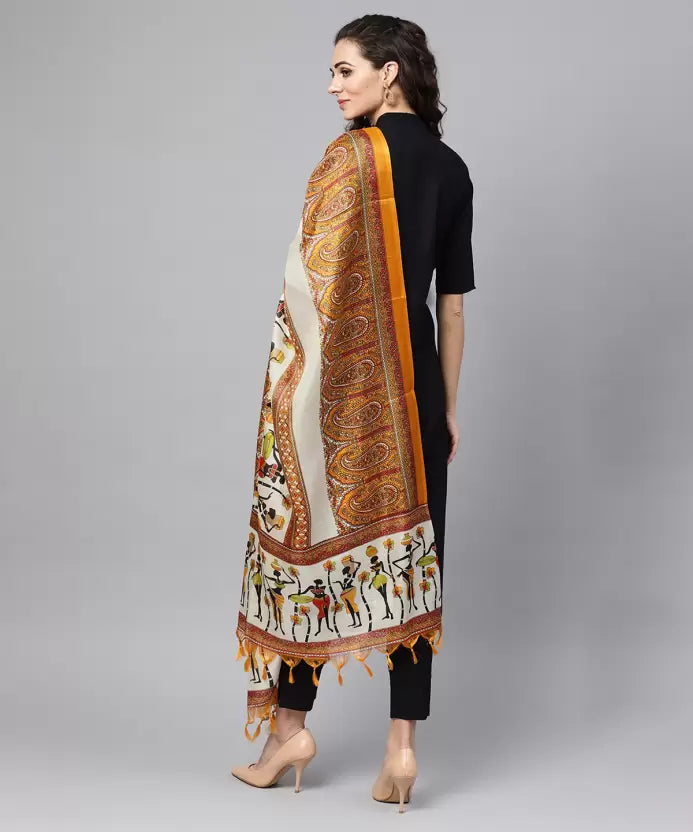 Women Black & Mustard Yellow Solid Kurta with Trousers & Bhagalpuri Print Dupatta