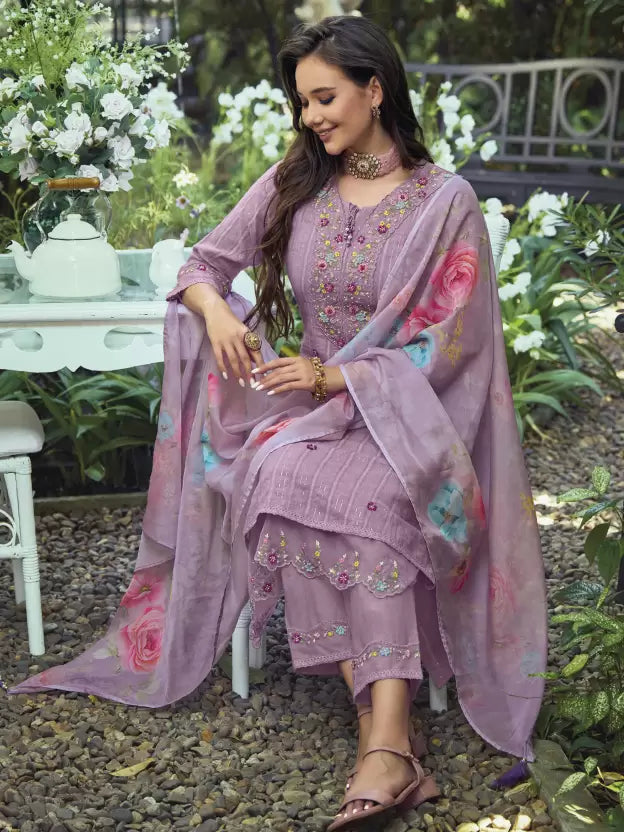 Lavender & Red Floral Embroidered Pure Cotton Kurta With Trousers & Dupatta