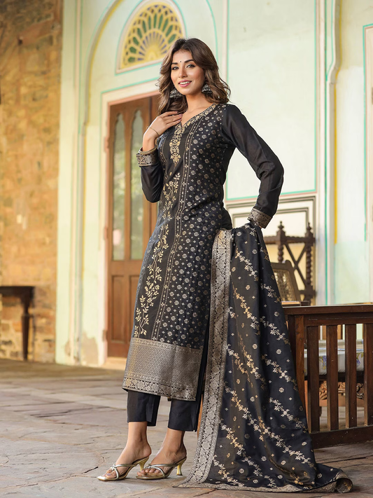 Ethnic Motifs Woven Design Straight Kurta & Trousers With Dupatta