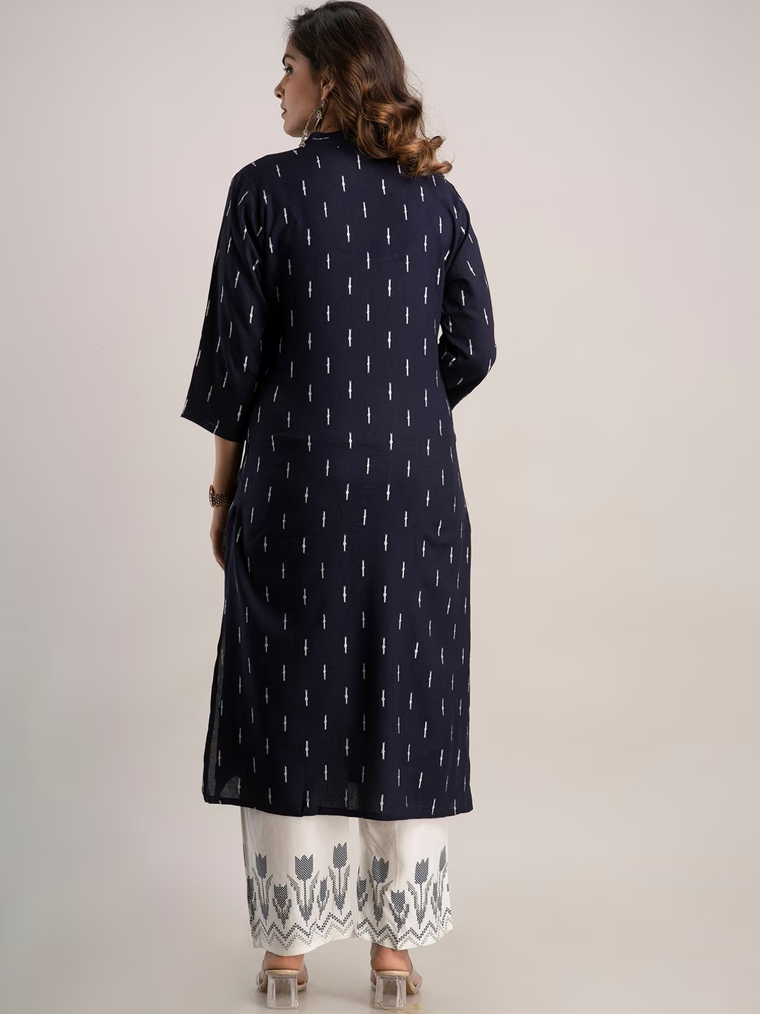 Women Navy Blue Printed Kurta with Trousers