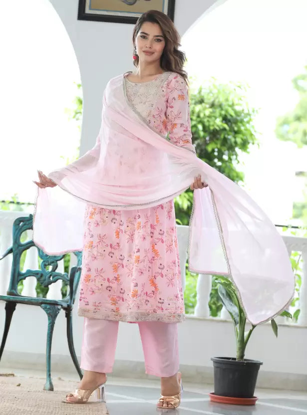 Women Pink Viscose Rayon Kurta Pant Dupatta Set