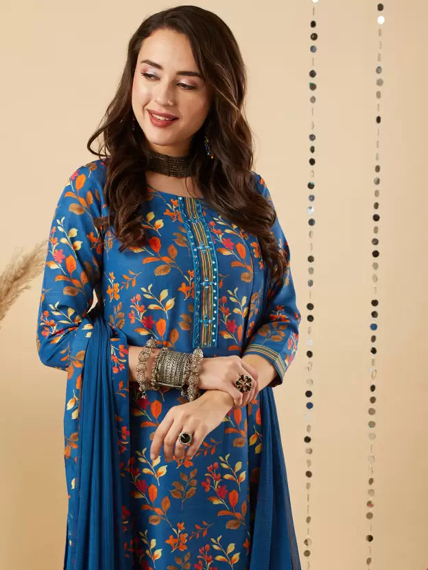 Women Blue Floral Cotton Blend Kurta Pant Dupatta Set