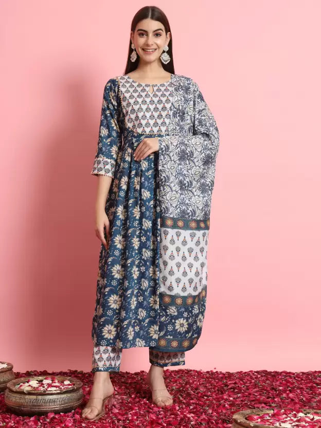 Women Blue Floral Rayon Kurta Pant Dupatta Set