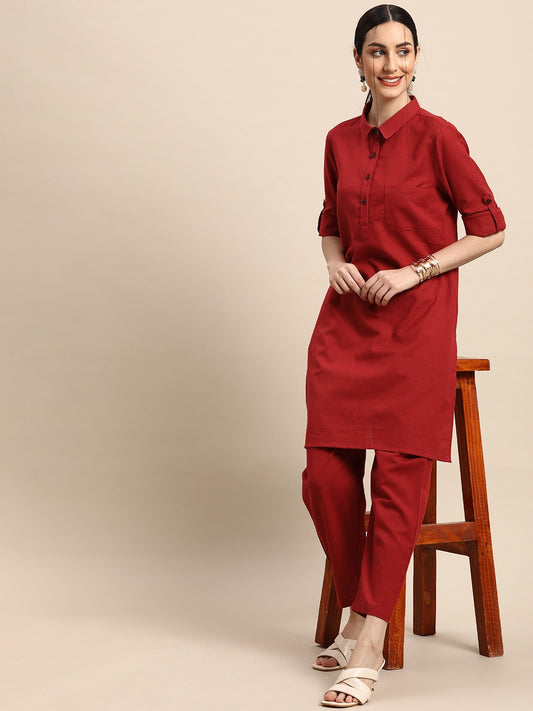 Women Maroon Solid Straight Kurta with Trousers