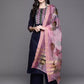 Women Navy Blue Cotton Blend Kurta Palazzo Dupatta Set