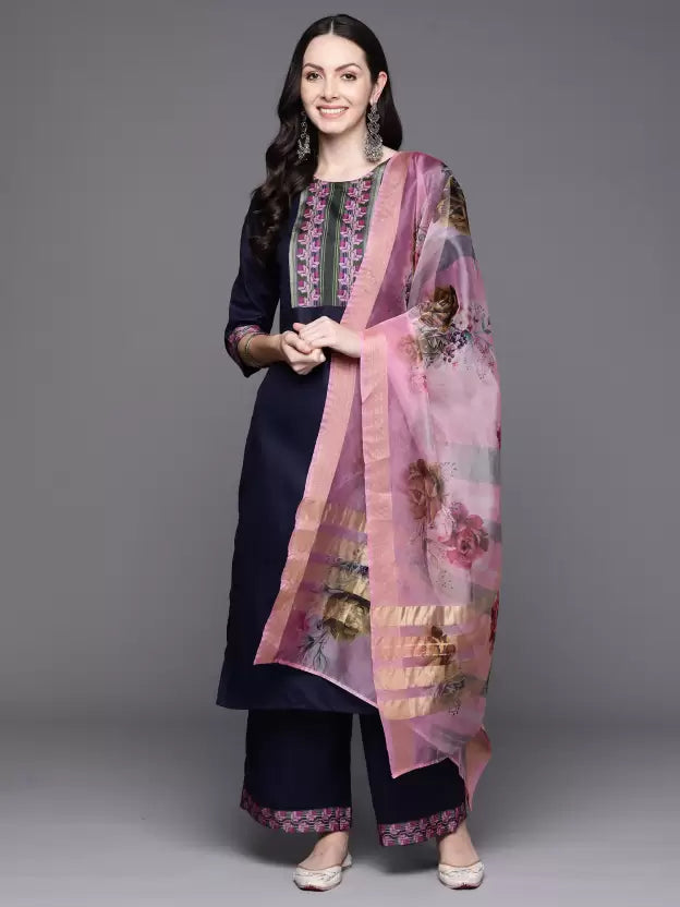 Women Navy Blue Cotton Blend Kurta Palazzo Dupatta Set