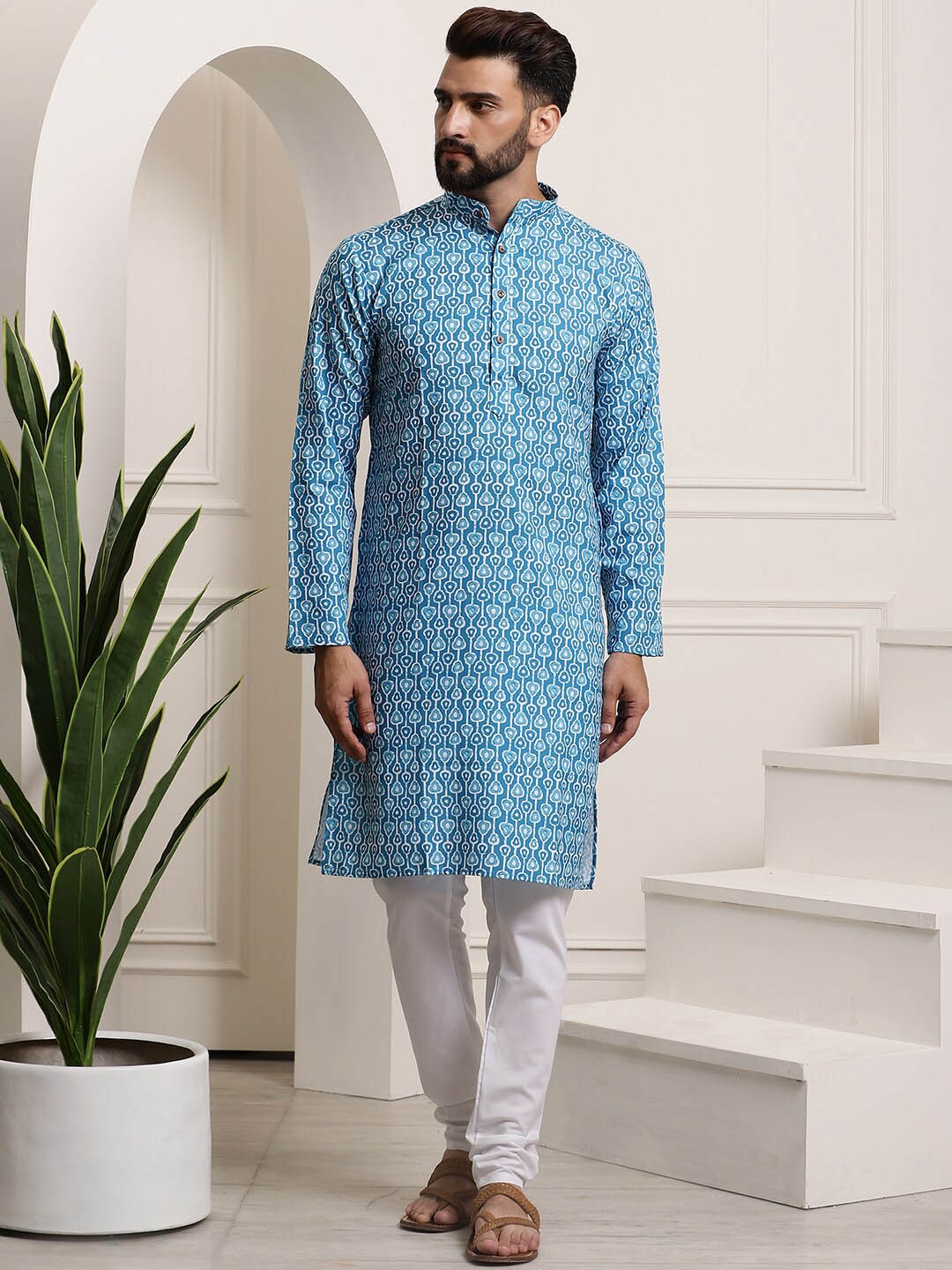 Men Floral Printed Regular Pure Cotton Kurta With Churidar