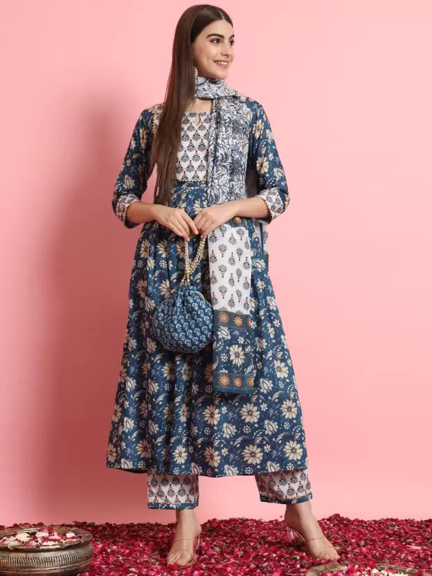 Women Blue Floral Rayon Kurta Pant Dupatta Set