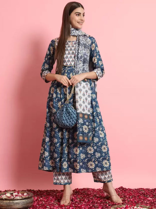 Women Blue Floral Rayon Kurta Pant Dupatta Set