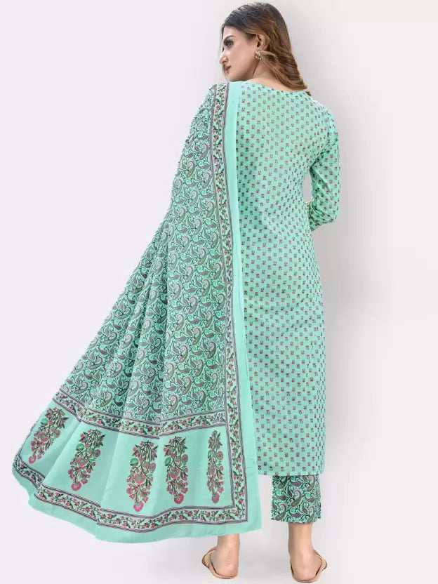 Women Green Pure Cotton Kurta Trouser Dupatta Set