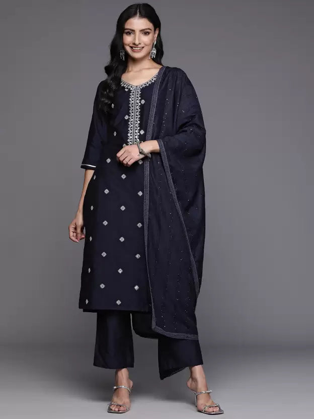 Women Blue Silk Blend Kurta Trouser Dupatta Set Special price