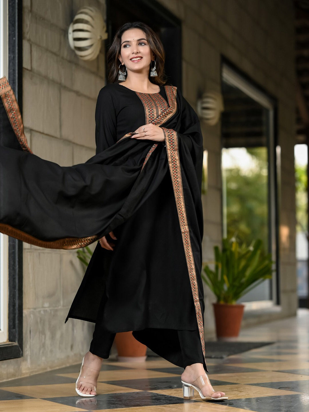 Ethnic Motifs Yoke Design Regular Kurta & Trousers With Dupatta