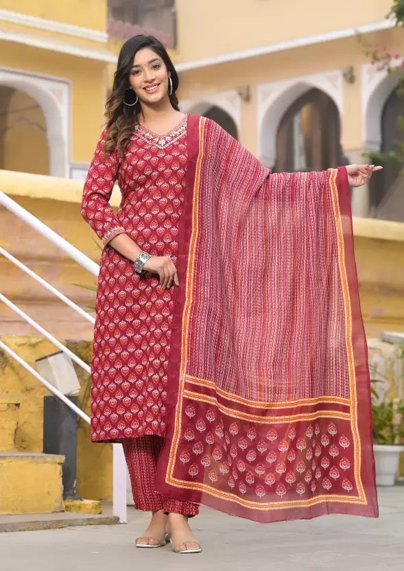 Women Maroon Pure Cotton Kurta Pant Dupatta Set