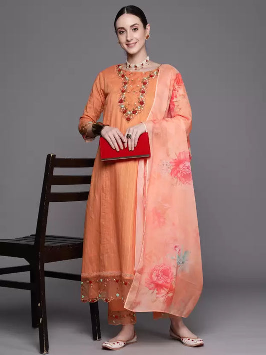 Women Orange Pure Cotton Kurta Trouser Set