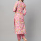 Women's Pink Cotton Blend Straight Printed Kurta with Pant Set