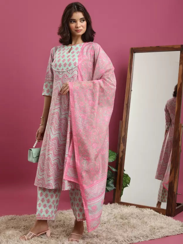 Women Pink Cotton Blend Kurta Palazzo Dupatta Set