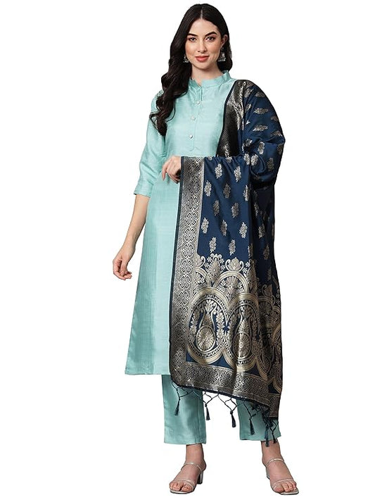 Women's Cotton Silk Blend Straight Kurta with Trouser Pant & Banarasi Silk Dupatta
