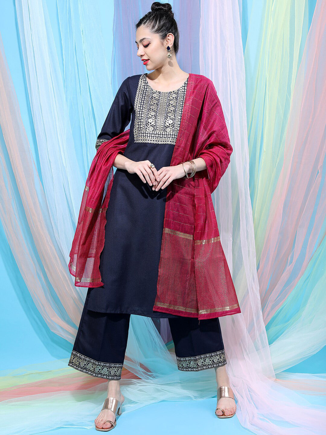 Navy Blue Ethnic Motifs Yoke Design Straight Kurta With Palazzos & Dupatta