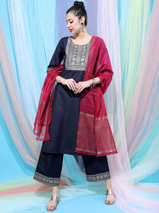 Navy Blue Ethnic Motifs Yoke Design Straight Kurta With Palazzos & Dupatta
