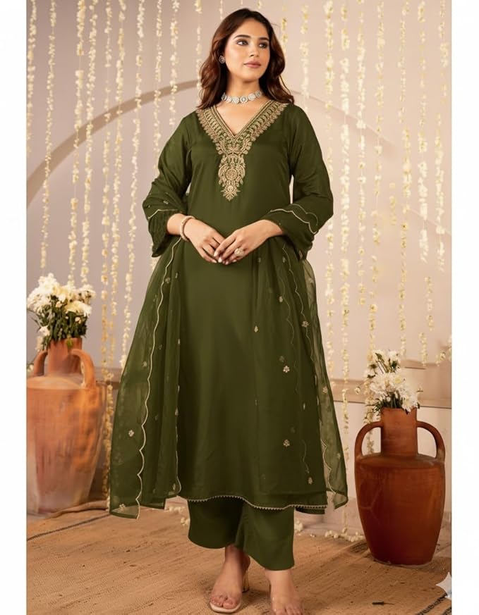 Women Embroidery Solid Anarkali Kurta and Pant Set with Dupatta