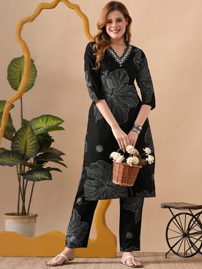 Women Floral Printed Regular Beads and Stones Pure Cotton Kurta with Trousers - Amy's Cart