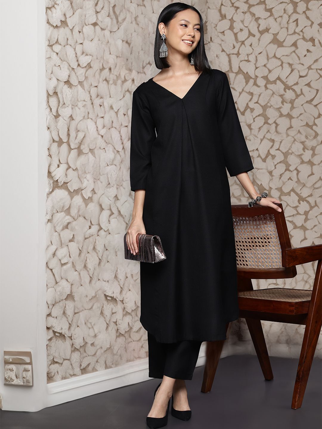 V-Neck Pleated Kurta With Trouser