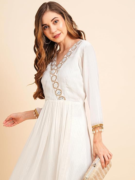 Women's Georgette Lurex Layered Ethnic Wear Kurta (Kurta dress only)