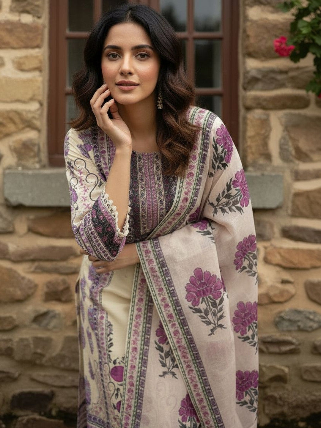 Women Floral Embroidered Regular Beads and Stones Pure Cotton Kurta with Trousers & With Dupatta