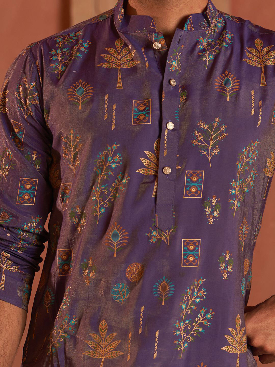 Men Floral Printed Solid Regular Knee Length Kurta with Pyjamas