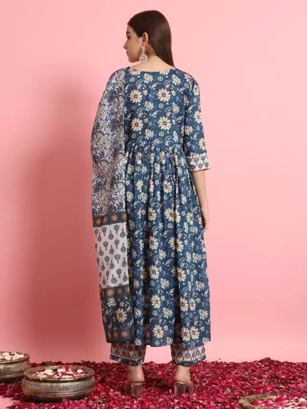 Women Blue Floral Rayon Kurta Pant Dupatta Set