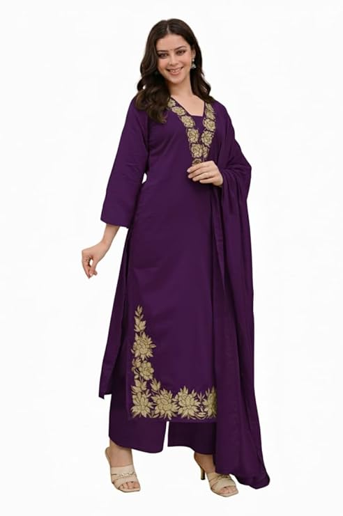 Women Solid Embroidery Kurta and pant set With Dupatta - Amy's Cart