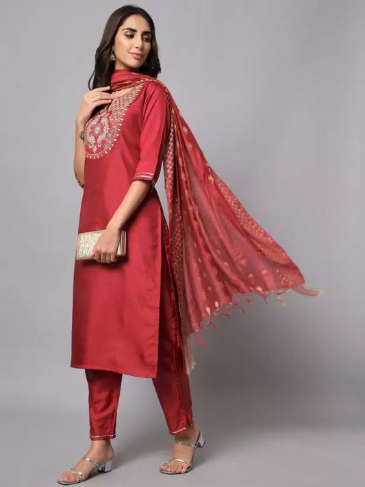 Women Silk Blend Kurti Pant Set
