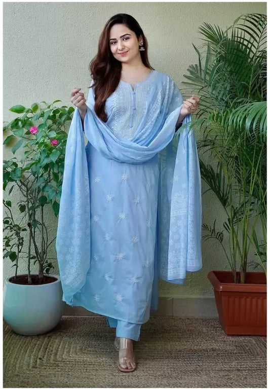 Women Blue Pure Cotton Kurta Pant Dupatta Set