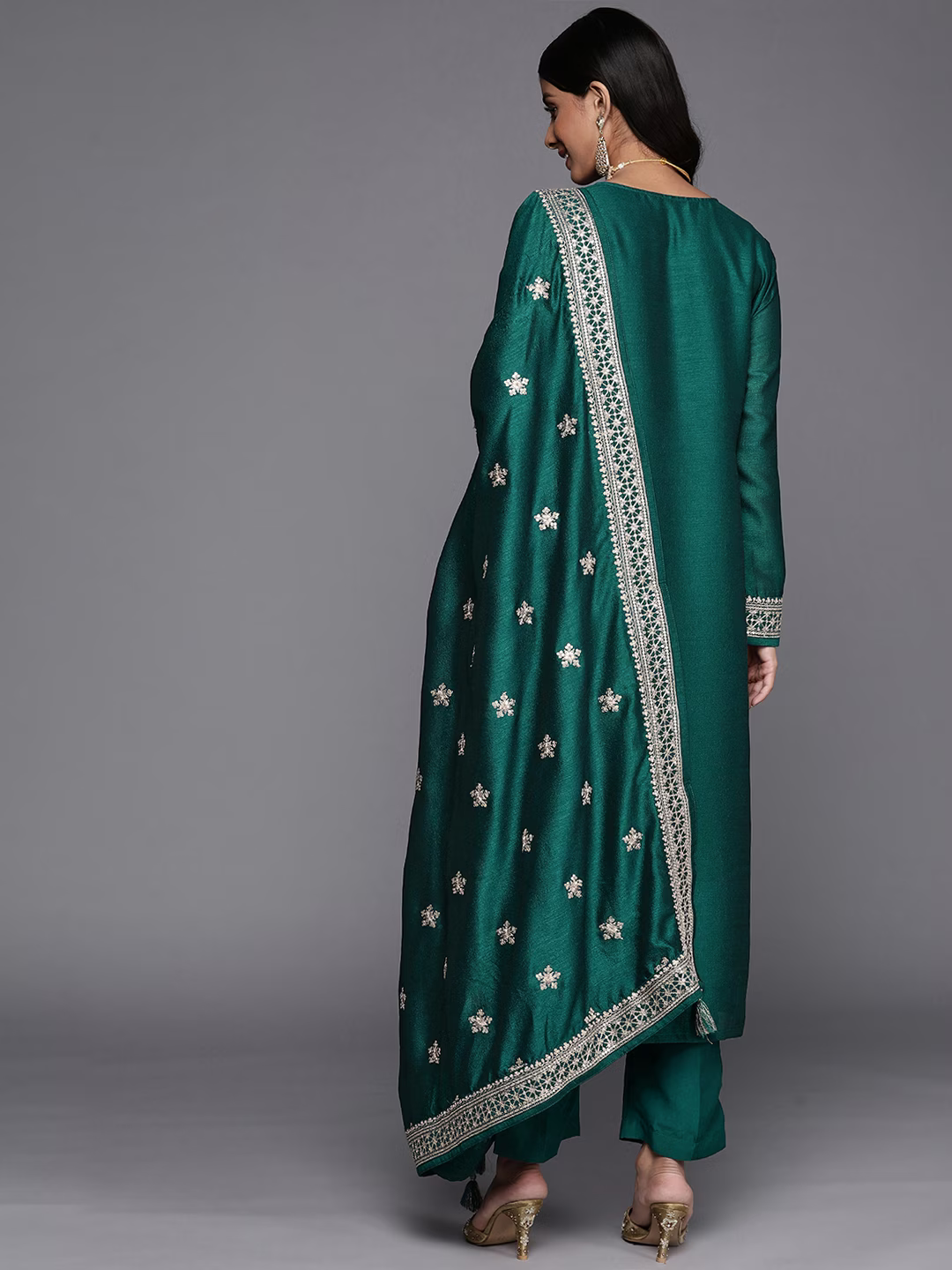 Women Teal Floral Motifs Yoke Design Sequinned Kurta with Trousers & Dupatta