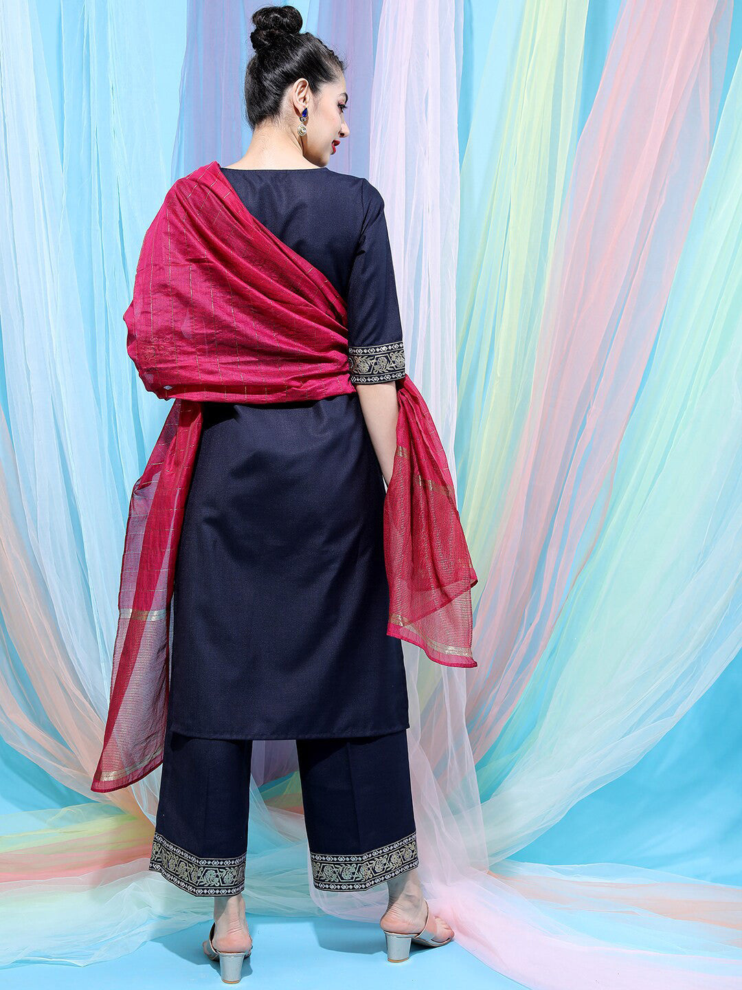 Navy Blue Ethnic Motifs Yoke Design Straight Kurta With Palazzos & Dupatta