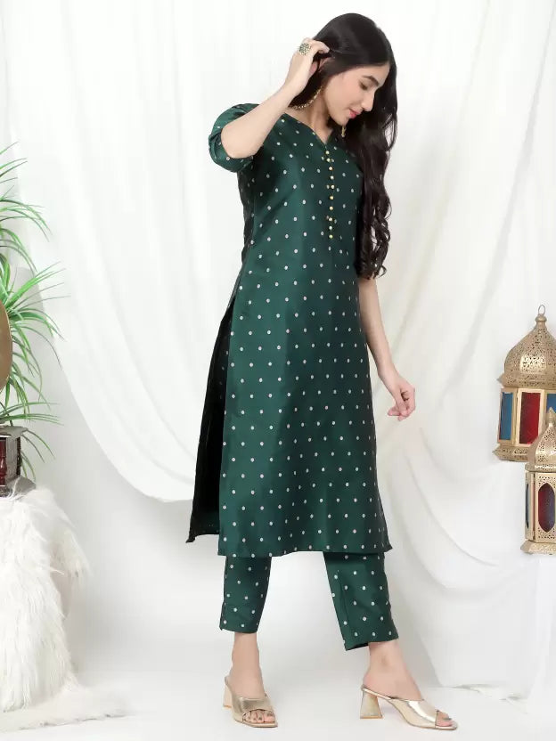 Women Green Silk Blend Kurta Pant Dupatta Set