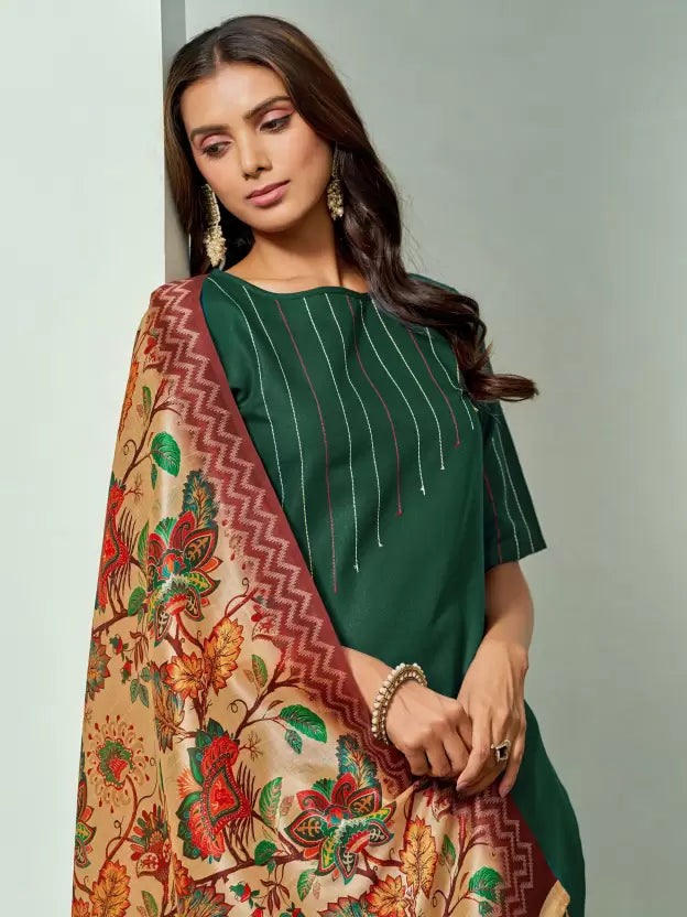 Women Green Cotton Blend Kurta Pant Dupatta Set