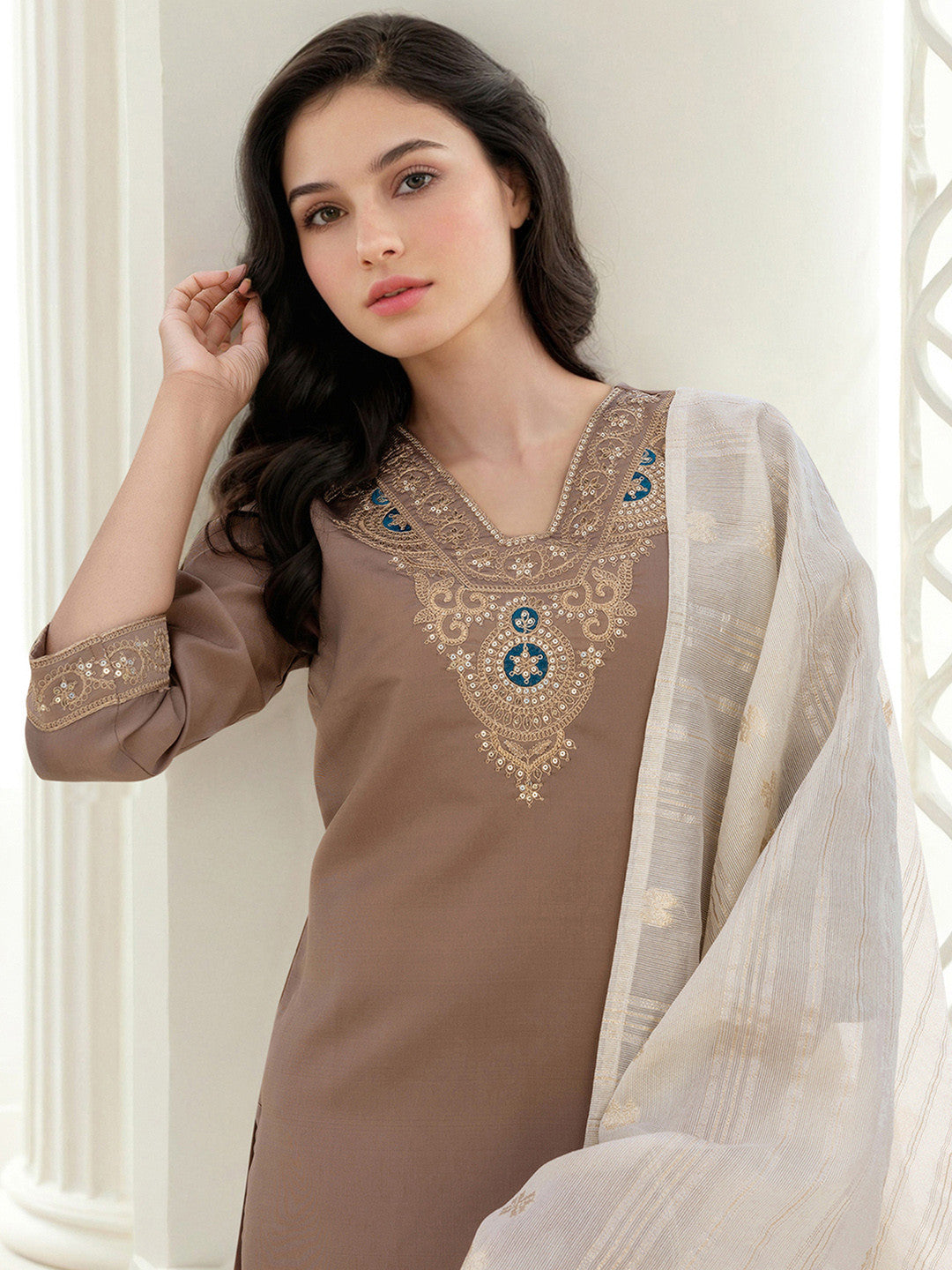 Ethnic Motifs Yoke Design Sequined Straight Kurta With Trousers & Dupatta